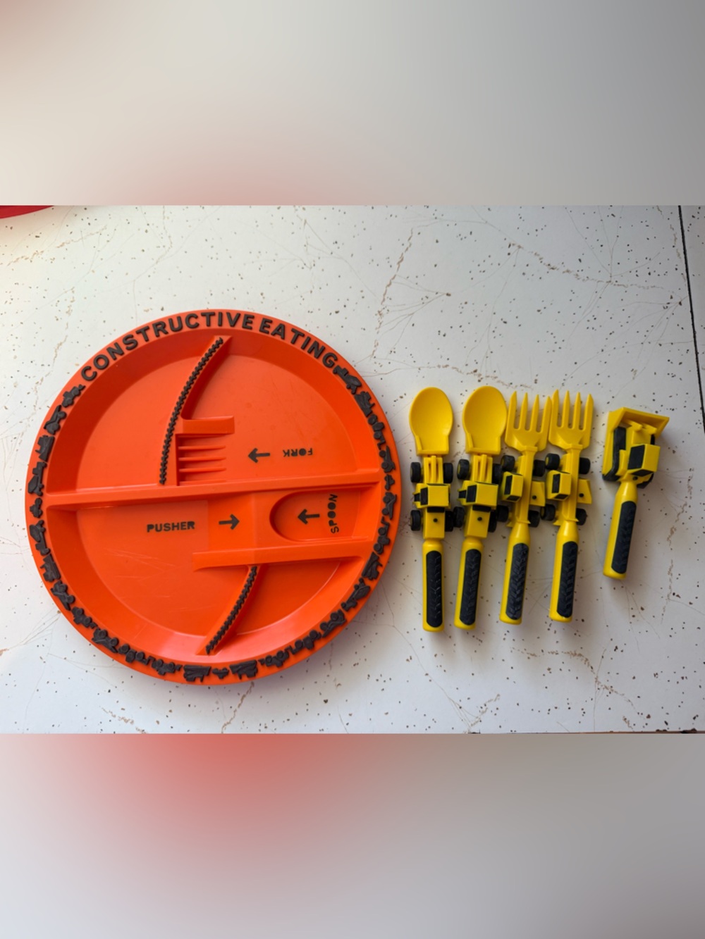 Constructive eating plate and utensils